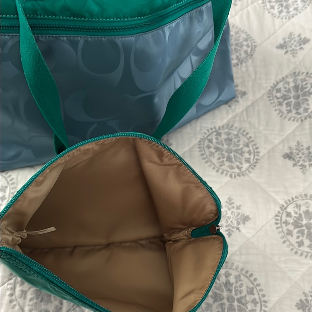 Coach Green and Blue Tote Bag with Dual Handles and Zipper Closure - Picture 7 of 9